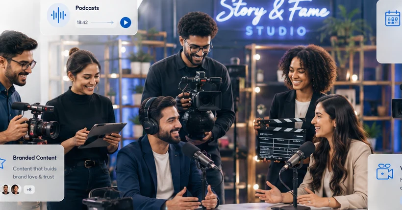 A creative production team filming a podcast and branded content